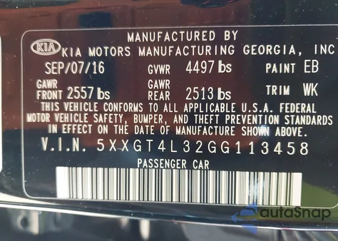 2016 Kia Optima Lx from USA, damaged, VIN 5XXGT4L32GG113458